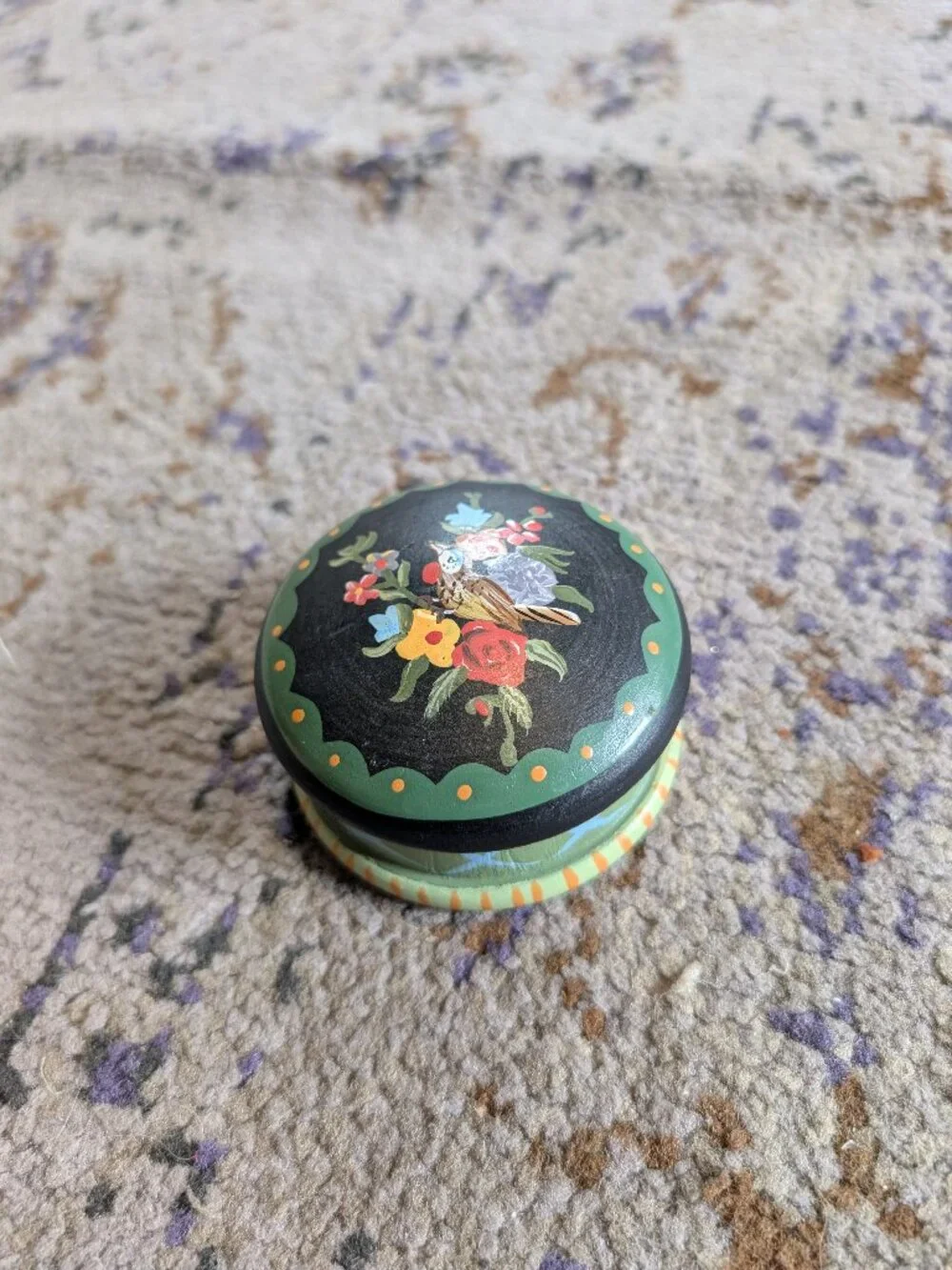 Wood Trinket Box Hand Painted Flower and Bird Jewelry Desk Container Vintage Box